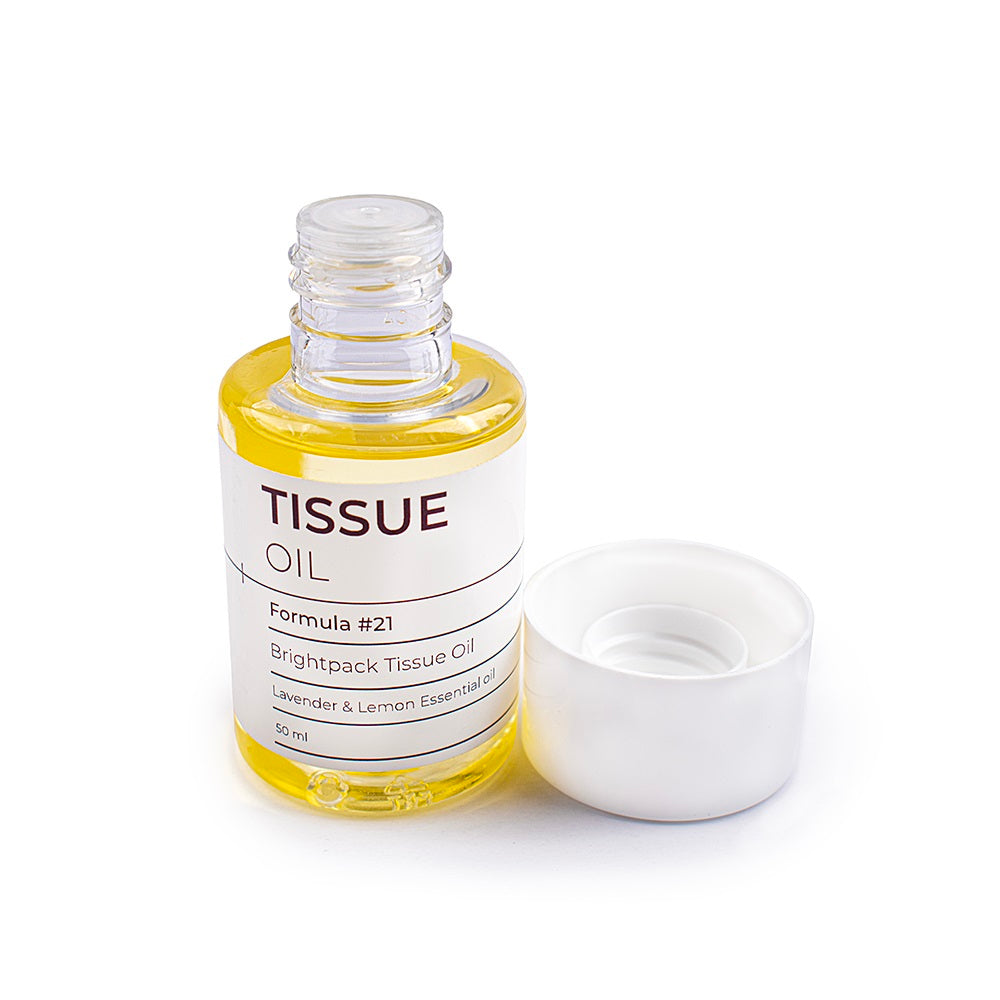 A 50ml sample bottle of Brightpack Tissue Oil, a luxurious, nourishing oil designed to hydrate and repair skin, ideal for small businesses, samples, or personal use.