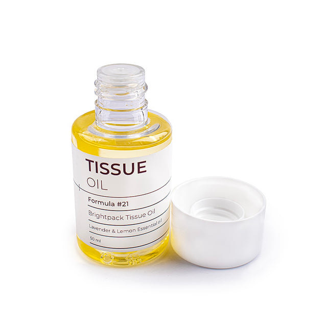 A 50ml sample bottle of Brightpack Tissue Oil, a luxurious, nourishing oil designed to hydrate and repair skin, ideal for small businesses, samples, or personal use.