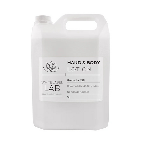 Brightpack Hand and Body Lotion 5L bulk bottle, ideal for private label and wholesale brands, suitable for creating custom moisturising skincare products.