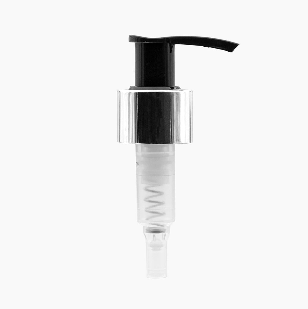 Silver Collar Black 24mm Plastic Lotion Pump Cap On White Background | Brightpack Closures And Accessories