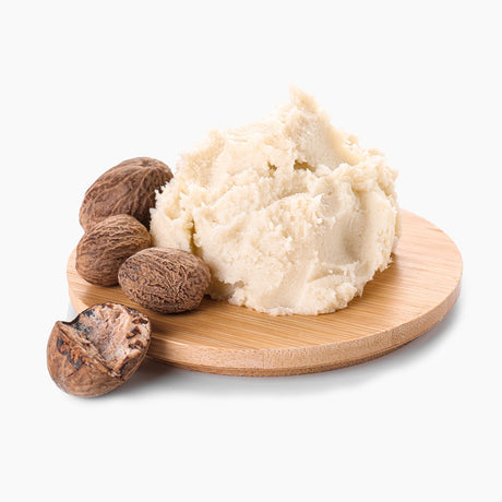 Scoop Of Raw Unrefined Shea Butter On Wooden Platform With Four Shea Nuts Beside It | Bulk Cosmetic Butters | Brightpack Raw Materials